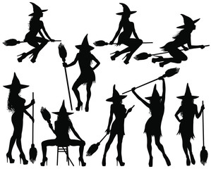 Silhouettes of Halloween witches in standing, sitting poses and flying on broomstick. Collection of beautiful young sexy witches in hat and shoes with high heel vector icons for Halloween design.