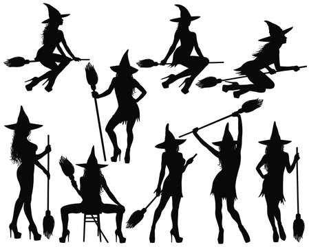 Silhouettes Of Halloween Witches In Standing, Sitting Poses And Flying On Broomstick. Collection Of Beautiful Young Sexy Witches In Hat And Shoes With High Heel Vector Icons For Halloween Design.