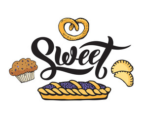 Kitchen cooking lettering inscriptions, color logo, cuisine label, sweet food.