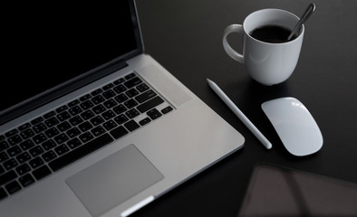 Business and finance concept of office working, Closeup pen and coffee cups on office desk