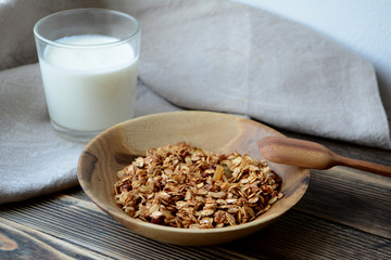 Granola in a wooden bowl Healthy Breakfast