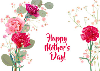 Horizontal Mother's Day card with carnation: red, pink, flowers, twigs gypsophile, leaves eucalyptus, white background. Templates for design, vintage botanical illustration in watercolor style, vector