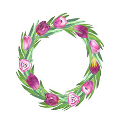 Spring tulip. Watercolor flower seamless wreath.
