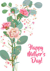 Vertical Mother's Day card with carnation: red, pink, flowers, twigs gypsophile, leaves eucalyptus, white background. Templates for design, vintage botanical illustration in watercolor style, vector