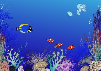 Colorful reef with underwater creatures, clown fish, jellyfish, corals and seaweed. Underwater background. Vector illustration.