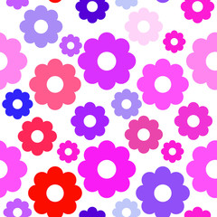 Pink flower seamless pattern.  Simple flower icons, pink, red and purple colors. Vector pattern without background.