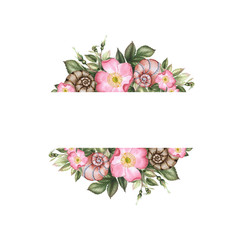 Roses and shells. Watercolor flower seamless wreath.