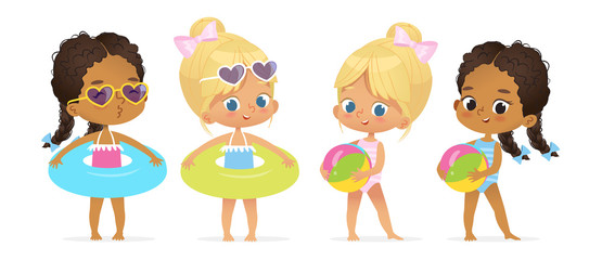 Happy Pool Party Multiracial Girl Character Set
