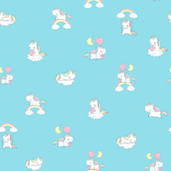 Unicorn Rainbow Seamless Pattern Print Decor for Kid Fairy Room Wall. Happy Fun Pony Fly on Balloon Abstract Element. Magic Holiday Fairytale Design for Child Flat Cartoon Vector Illustration.