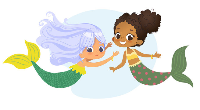 Mermaid African Caucasian Character Friend Nymph. Young Underwater African American Female Cute Mythology Princess Painting. Aquatic Isolated Marine Siren Drawing Flat Cartoon Vector Illustration