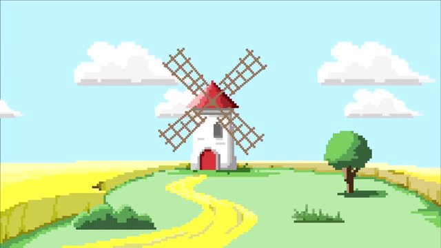 Windmill Pixel Art Landscape with a windmill in the style of Pixel Art. Animation.