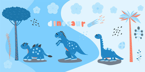 Set of cute cartoon dinosaur characters. Print for children's t-shirts, sweaters. Greeting card. Vector Illustration