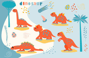 Set of cute cartoon dinosaur characters. Print for children's t-shirts, sweaters. Greeting card. Stickers Vector Illustration