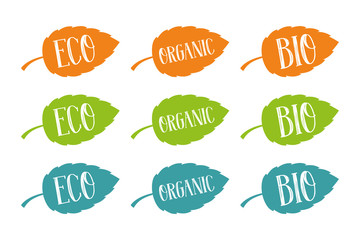 Eco, bio and organic vector set for web and print. Hand drawn typography on colorful leaves. Mix of orange, blue and green colors. Logo elements for eco products company