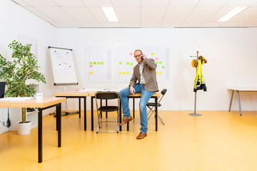 Contractor planning office with senior manager on the phone