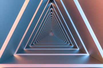 3d rendering, triangle tunnel with glowing lines background