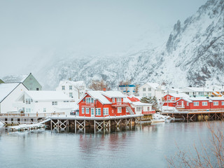Beautiful fishing village in traditional Norwegian colors
