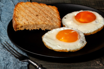 On the plate is a fried egg. Food for all