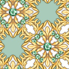 Seamless luxury pattern with green gems and golden scrolls