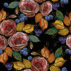 Roses and blackberry seamless pattern. Embroidery art. Template for design of clothes