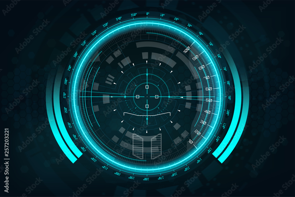 Poster A modern aiming system. Sci-fi futuristic spaceship crosshair. Outline HUD user interface. Fullcolor interface. Techno target screen elements. Abstract Technology background. Vector gadget