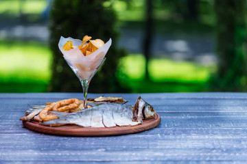 Snacks for beer. Salted, dried fish, squid rings and potato chips, on the cutting board and green summer background
