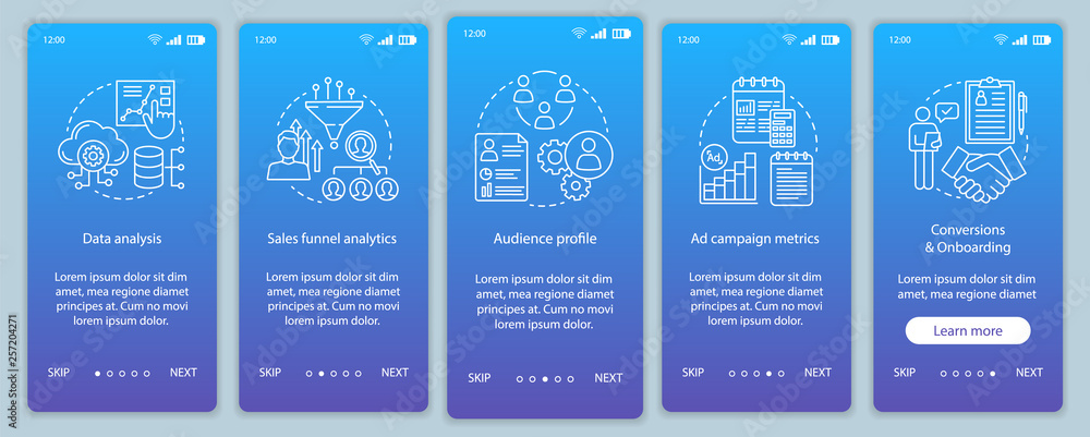 Poster smm metrics courses onboarding mobile app page screen vector tem