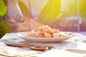 Stir-fries egg tofu with chicken and celery on white plate. Homemade food concept.