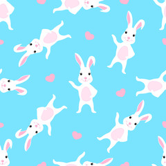 Cute rabbit. Funny white bunny. Seamless pattern for nursery, fabric, textile, kids apparel.