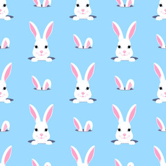 Cute rabbit looks out of the hole. Seamless pattern for nursery, fabric, textile, kids apparel.