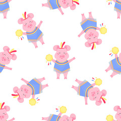 Cute pig in a costume and with a tambourine. Funny piggy. Seamless pattern for nursery, fabric, textile, kids apparel.