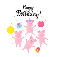 Four funny piglets celebrate at the party. Pigs with gifts and balloons jump and have fun. Happy birthday card.