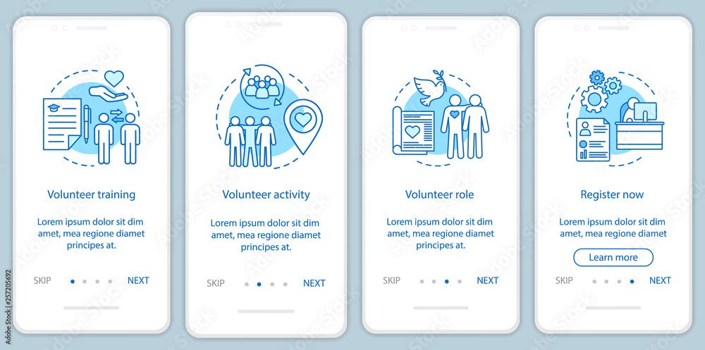 Poster volunteer becoming onboarding mobile app page screen with linear concepts