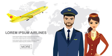 Plane takes off,male pilot and female air hostess,cabin crew