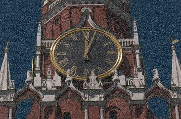The Kremlin Clock (Kremlin Chimes).  Spasskaya Tower. Moscow. Russia. Snowfall