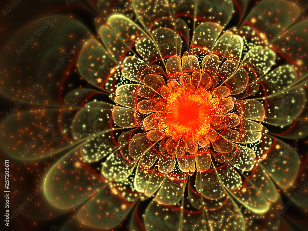 Wall mural dark fractal flower with stars and sparkles, digital artwork for creative graphic design