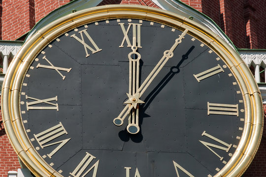 The Kremlin Clock (Kremlin Chimes), close up. Spasskaya Tower. Moscow. Russia