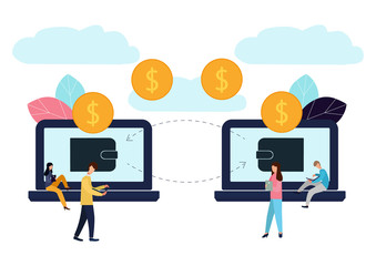 Vector illustration of financial transactions, money transfer. Electronic Wallets. Illustration in flat style.