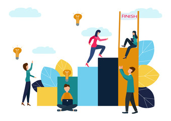Vector illustration, people run to their goal in a column of columns, increase motivation, the way to achieve the goal.