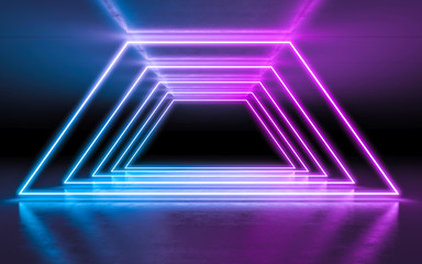 Fototapeta premium Abstract background purple and blue neon glowing lights in empty dark room with reflection. 3d rendering