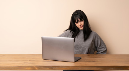 Young woman working with her laptop angry