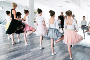 Group of beautiful little girls practicing ballet at dancing class.