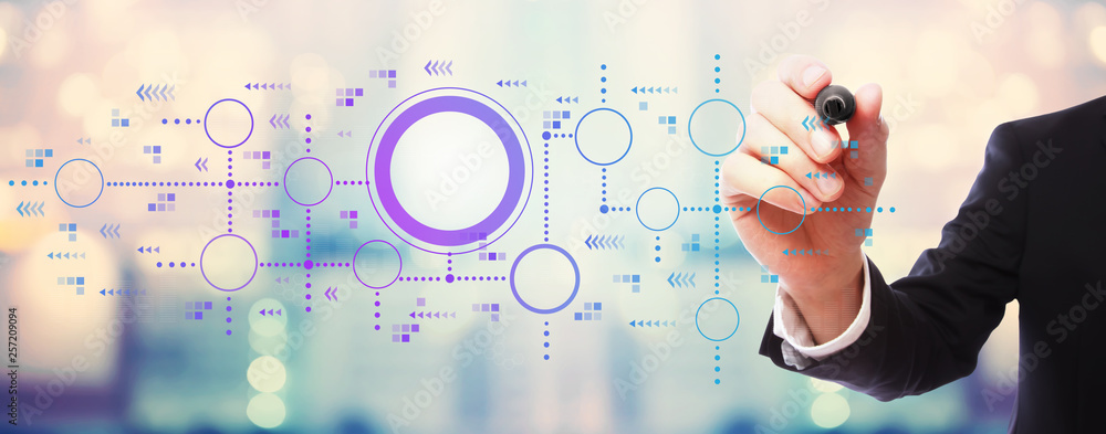 Poster digital graphs and hexagon grids with businessman on blurred abstract background