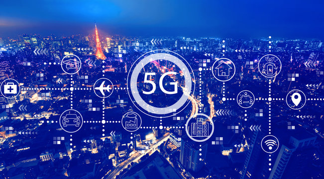 5G network with aerial view of Tokyo, Japan at night - Powered by Adobe