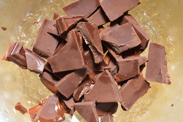 The process of heating the chocolate so that it becomes melted. Melted chocolate. Close-up