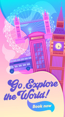 Explore the World Typography Banner. Visit Capital of United Kingdom. City has Sight Like Bridge, Elizabeth Tower with Big Ben, Underground and London Eye. Flat Cartoon Vector Illustration