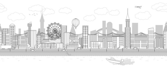 Vector seamless repeating illustration of a sketch city in black and white color. Buildings, houses, roads, cars, a ferris wheel and a river. For printing on textiles, for bed linen, wallpapers.