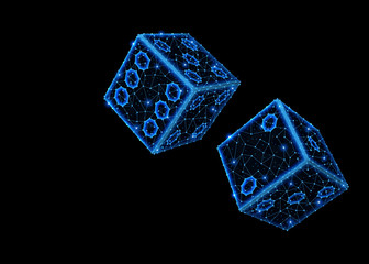 Abstract polygonal light design of game dice in flight.