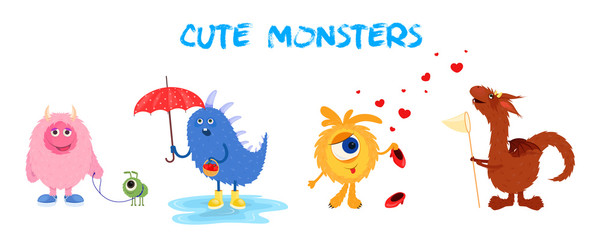 Vector set of multi-colored isolated cartoon monsters. Characters in a flat cartoon style for the site or corporate identity.