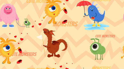 Seamless vector pattern of monsters on a light background. Illustration in flat cartoon style for wallpaper or corporate identity.